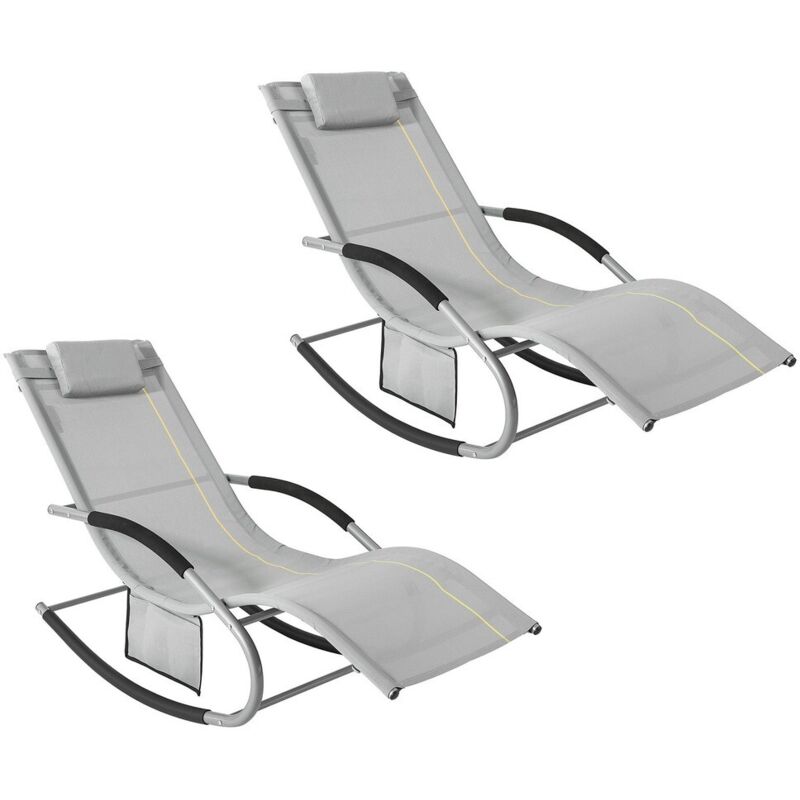 Sobuy - Set of 2 Sun Lounger Garden Chair Recliner with Cushioned Pillow & Side Pocket Garden Rocking Chair with Steel Frame Outdoor Furniture Grey
