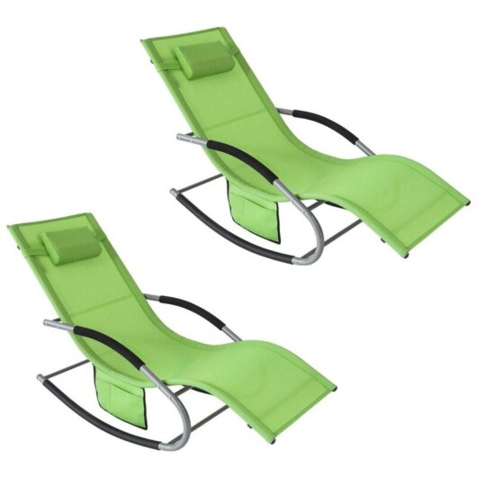 Sobuy - Set of 2 Sun Lounger Garden Chair Recliner with Cushioned Pillow & Side Pocket Garden Rocking Chair with Steel Frame Outdoor Furniture Green