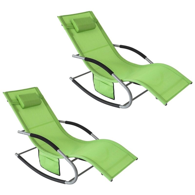 Sobuy - Set of 2 Sun Lounger Garden Chair Recliner with Cushioned Pillow & Side Pocket Garden Rocking Chair with Steel Frame Outdoor Furniture Green