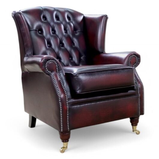 Southwold Chesterfield Buttoned Back Wing Chair Fireside High Back Leather Armchair Antique Oxblood Leather