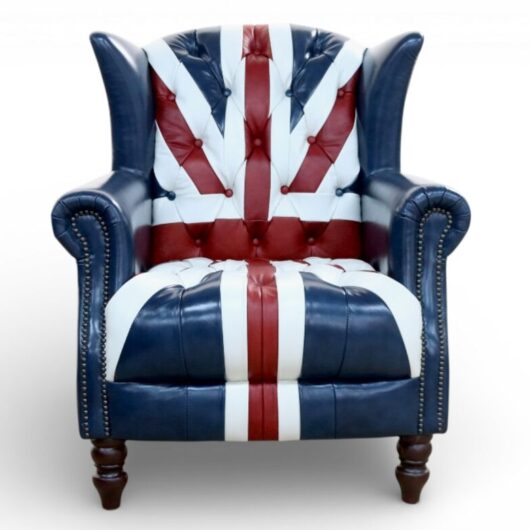 Union Jack Chesterfield Leather Wingback Chair - British Flag Accent Armchair with Nailhead Trim