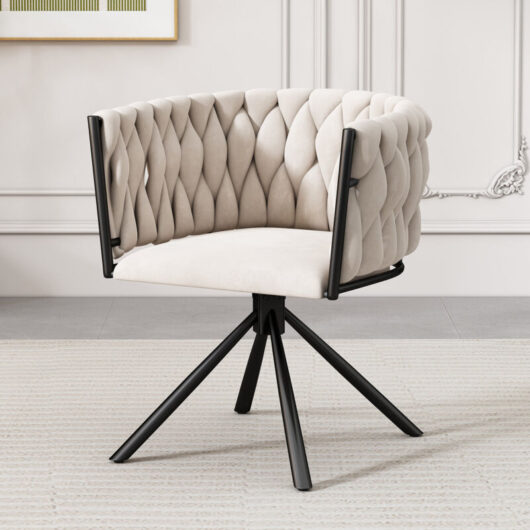 Velvet Dining Chair, Single Light Luxury Living Room Bedroom Swivel Chair, Leisure Swivel Chair with Four Metal Support Legs, Beige