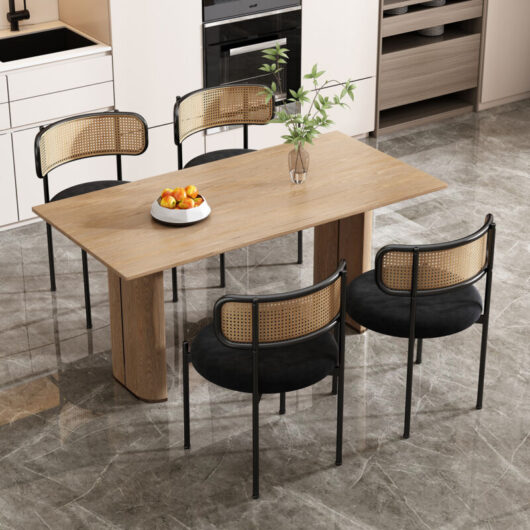 Velvet Dining Chairs Set of 4 - Modern Rattan Leisure Chairs with Metal Legs, Black Upholstered Seating for Living Room & Bedroom