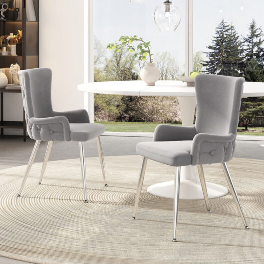 Velvet Dining & Lounge Chair - Luxurious Upholstered Armchair with Silver Metal Legs for Living Room & Bedroom Set of 2, Grey