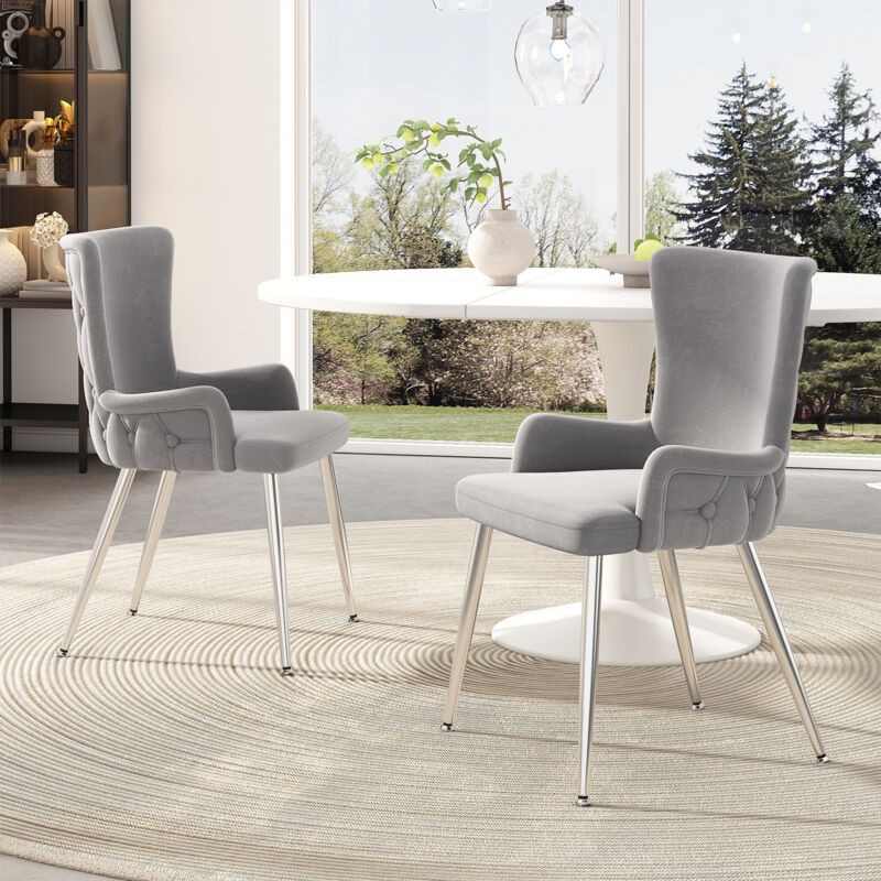 Velvet Dining & Lounge Chair - Luxurious Upholstered Armchair with Silver Metal Legs for Living Room & Bedroom Set of 2, Grey