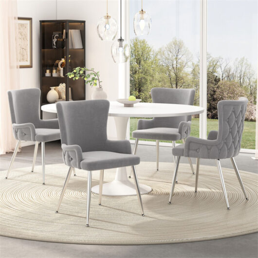 Velvet Dining & Lounge Chair - Luxurious Upholstered Armchair with Silver Metal Legs for Living Room & Bedroom Set of 4, Grey