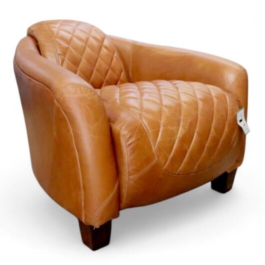 Vintage Quilted Tan Leather Tub Chair Distressed Armchair
