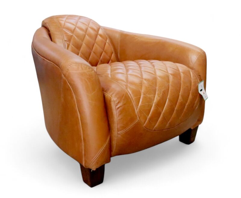 Vintage Quilted Tan Leather Tub Chair Distressed Armchair
