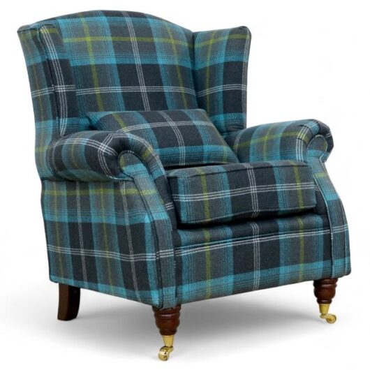 Wing Chair Fireside High Back Armchair Balmoral Azure Blue Check Fabric P&S