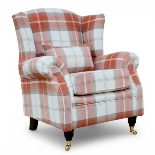 Wing Chair Fireside High Back Armchair Balmoral Burnt Orange Check Fabric P&S