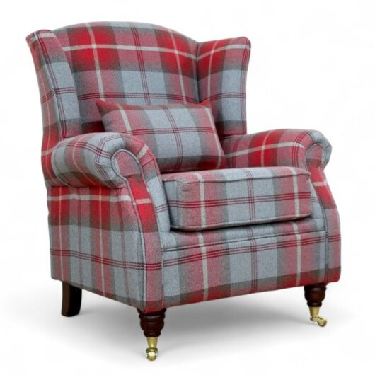 Wing Chair Fireside High Back Armchair Balmoral Cherry Check Fabric P&S