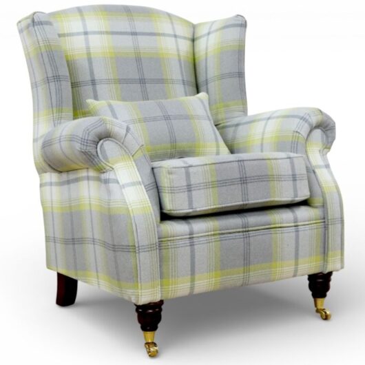 Wing Chair Fireside High Back Armchair Balmoral Citrus Green Check Fabric P&S