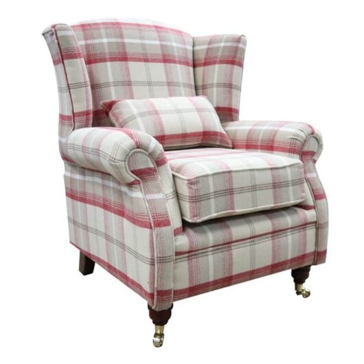 Wing Chair Fireside High Back Armchair Balmoral Cranberry Check Fabric P&S