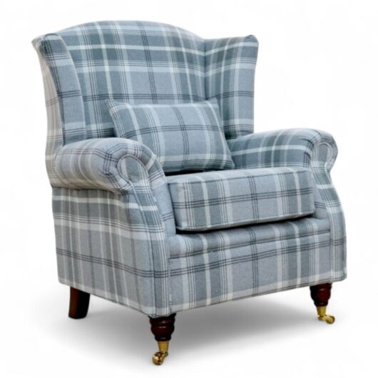 Wing Chair Fireside High Back Armchair Balmoral Dove Grey Check Fabric P&S