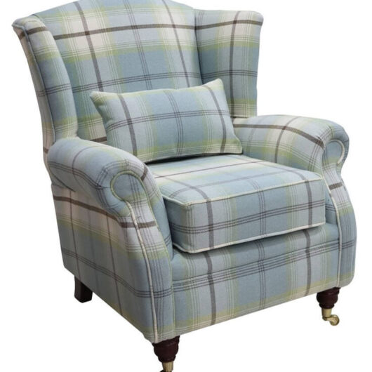 Wing Chair Fireside High Back Armchair Balmoral Duck Egg Blue Check Fabric P&S