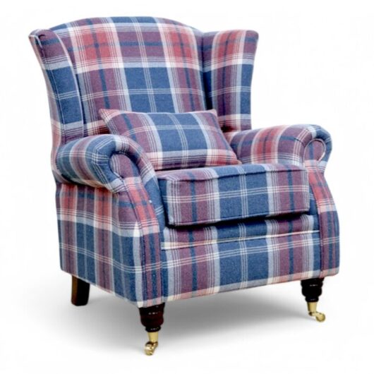 Wing Chair Fireside High Back Armchair Balmoral Harbour Blue Check Fabric P&S