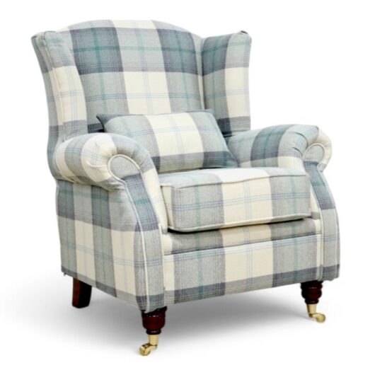 Wing Chair Fireside High Back Armchair Balmoral Jade Green Check Fabric P&S