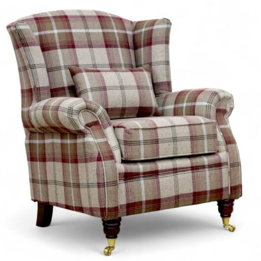 Wing Chair Fireside High Back Armchair Balmoral Mulberry Check Fabric P&S