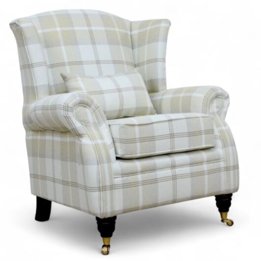 Wing Chair Fireside High Back Armchair Balmoral Natural Check Fabric P&S