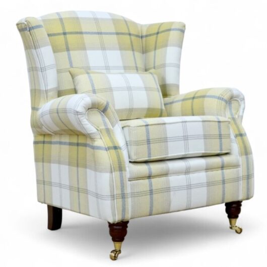 Wing Chair Fireside High Back Armchair Balmoral Ochre Yellow Check Fabric P&S