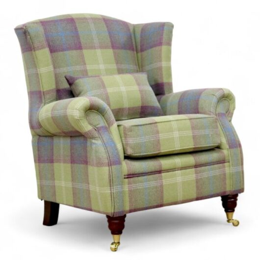 Wing Chair Fireside High Back Armchair Balmoral Pistachio Check Fabric P&S
