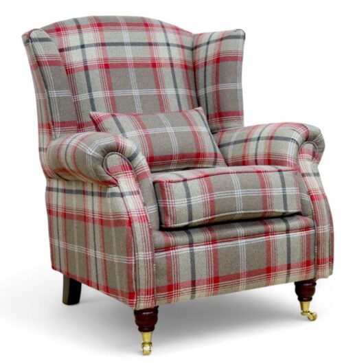 Wing Chair Fireside High Back Armchair Balmoral Rosso Check Fabric P&S