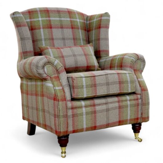 Wing Chair Fireside High Back Armchair Balmoral Rust Check Fabric P&S
