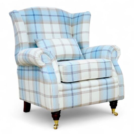 Wing Chair Fireside High Back Armchair Balmoral Sky Check Fabric P&S