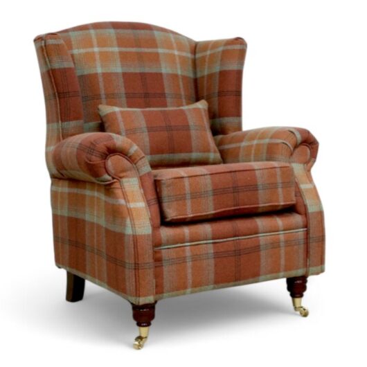 Wing Chair Fireside High Back Armchair Balmoral Spice Check Fabric P&S