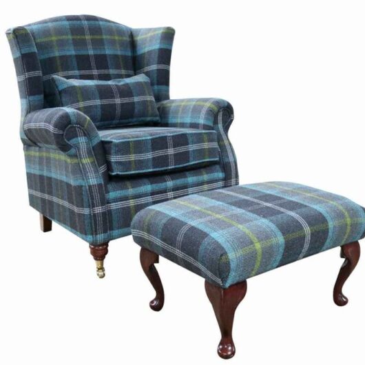 Wing Chair Fireside High Back Armchair + Footstool Balmoral Azure Check Fabric P&S