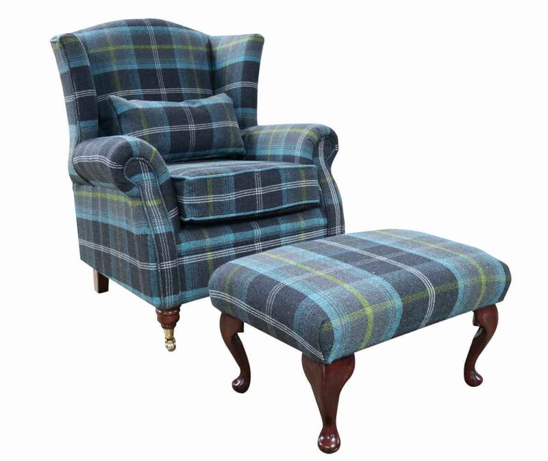 Wing Chair Fireside High Back Armchair + Footstool Balmoral Azure Check Fabric P&S