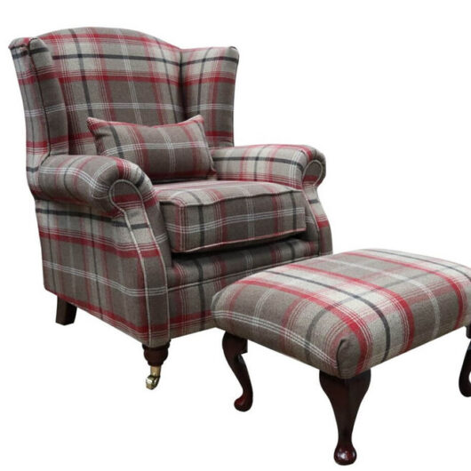 Wing Chair Fireside High Back Armchair + Footstool Balmoral Rosso Check Fabric P&S