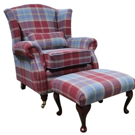 Wing Chair Fireside High Back Armchair + Footstool Balmoral Ruby Check Fabric P&S