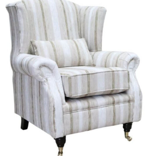 Wing Chair Fireside High Back Armchair Justin Stripe Ivory