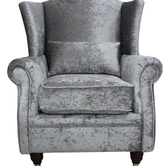 Wing Chair Fireside High Back Armchair Shimmer Silver Velvet Fabric
