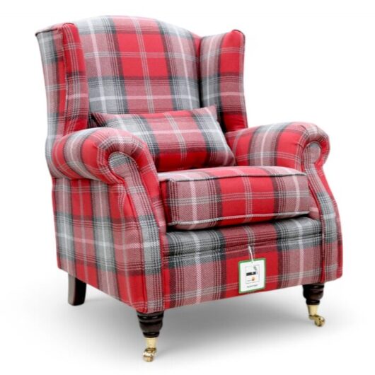 Wing Chair Fireside High Back Armchair Tartan Red Check Fabric
