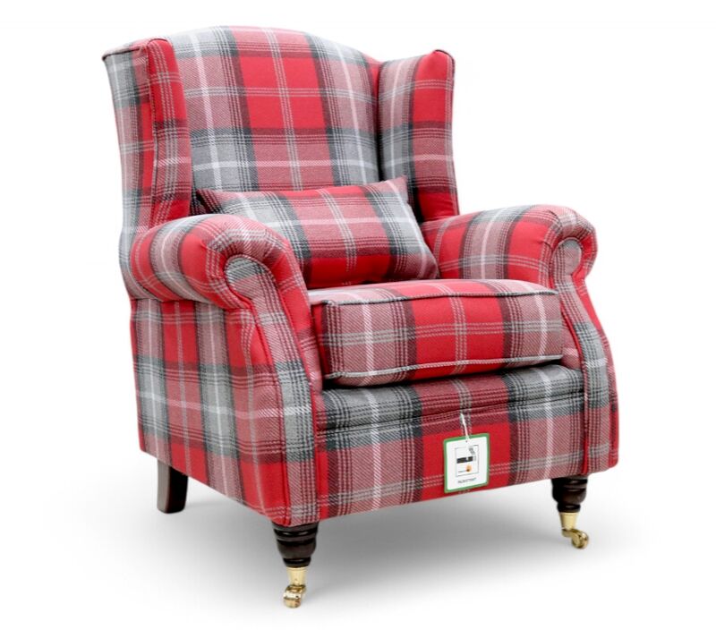 Wing Chair Fireside High Back Armchair Tartan Red Check Fabric