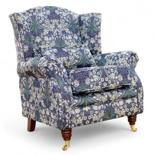 Wing Chair Fireside High Back Armchair William Morris Tapestry Fabric Hyacinth Indigo Blue