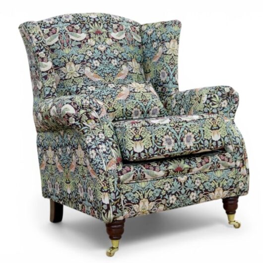Wing Chair Fireside High Back Armchair William Morris Tapestry Fabric Strawberry Thief Brown