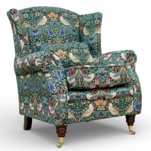 Wing Chair Fireside High Back Armchair William Morris Tapestry Fabric Strawberry Thief Forest