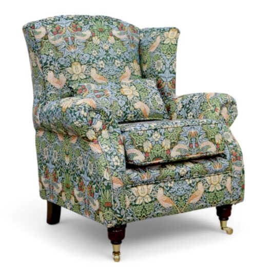 Wing Chair Fireside High Back Armchair William Morris Tapestry Fabric Strawberry Thief Green