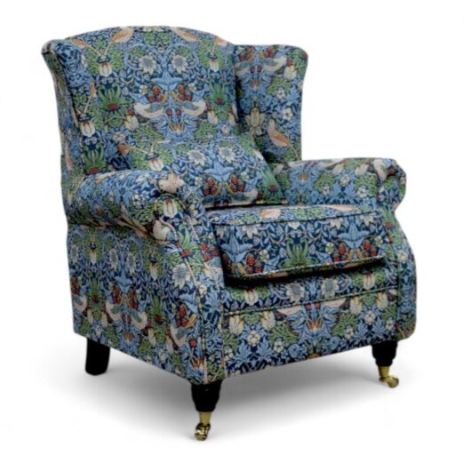 Wing Chair Fireside High Back Armchair William Morris Tapestry Fabric Strawberry Thief Indigo