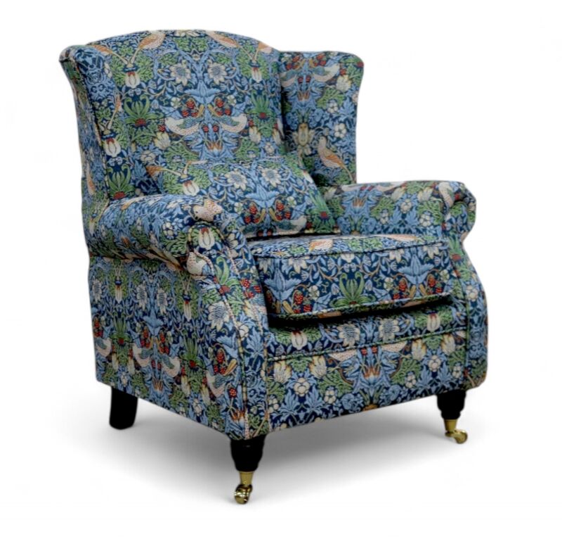 Wing Chair Fireside High Back Armchair William Morris Tapestry Fabric Strawberry Thief Indigo