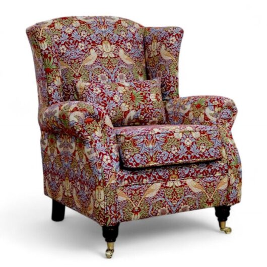 Wing Chair Fireside High Back Armchair William Morris Tapestry Fabric Strawberry Thief Wine