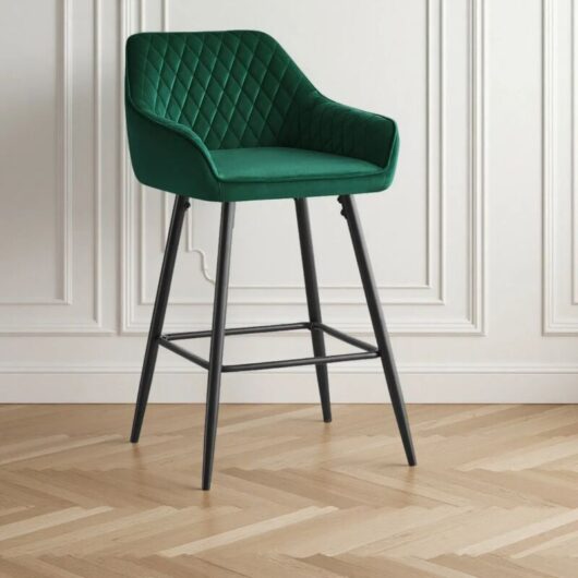 1X Velvet Barstools Fabric Upholstered seat with Backrest Armrest Black Metal Legs Kitchen Breakfast Counter Chairs Green - Ainpecca