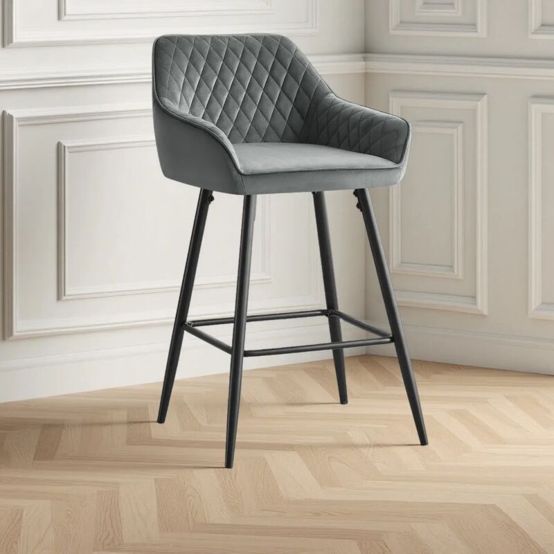 1X Velvet Barstools Fabric Upholstered seat with Backrest Armrest Black Metal Legs Kitchen Breakfast Counter Chairs Grey - Ainpecca
