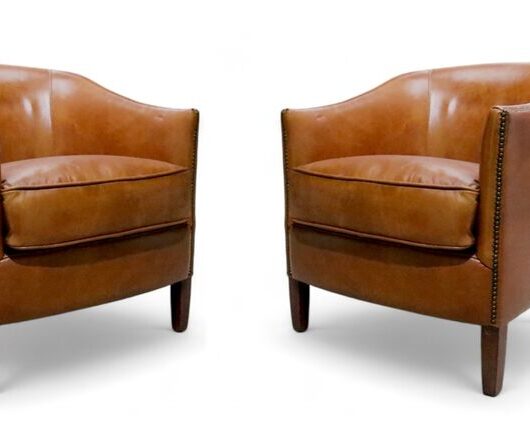 2 x Vintage Leather Distressed Tan Tub Chairs