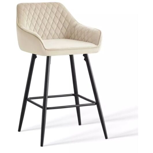 Ainpecca - Set of 1 Velvet Barstools Fabric Upholstered seat with Backrest & Armrest Black Metal Legs Kitchen Breakfast Counter Chairs (Beige velvet,
