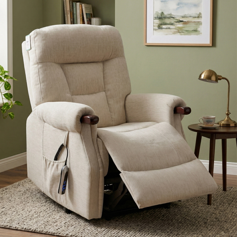 Aseris Fabric Dual Motor Lift Tilt Recliner Chair in Beige