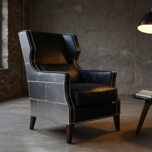 Aviator Black Leather Accent Chair Industrial Luxury Armchair with Aluminum Panels